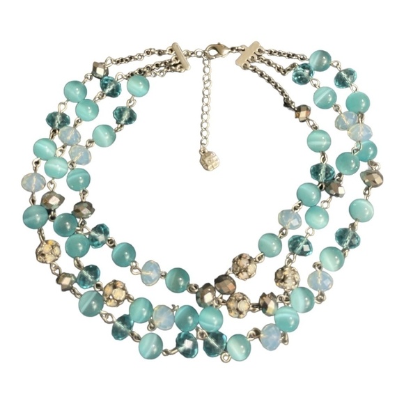 Monet Beaded Necklace Blue Cats Eye Station Layered Aqua Opalite Pave Ball 17.5" - Picture 5 of 6